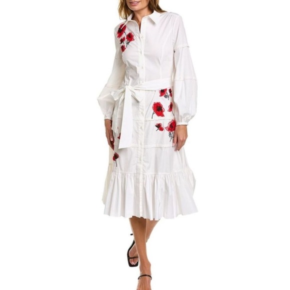 New Carolina Herrera Embroidered Midi Shirt Dress Size 8 - Picture 2 of 13